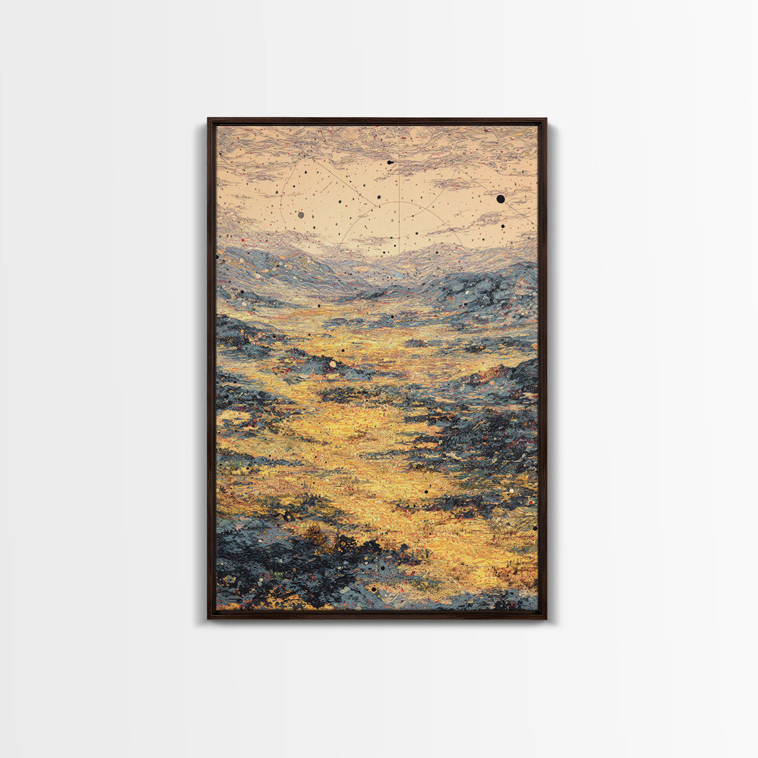 Golden Celestial Valley Framed Canvas Print, Dreamy Wall Art, Abstract Landscape, Spiritual Wall Decor, Modern Art Poster Gift