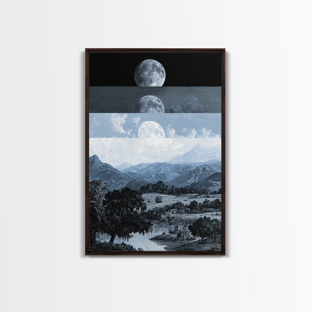 Black And White Moonrise Mountain Wall Art, Large Landscape Canvas Print, Minimalist Art, Modern Wall Decor, Blue Nature Scene Art Gift