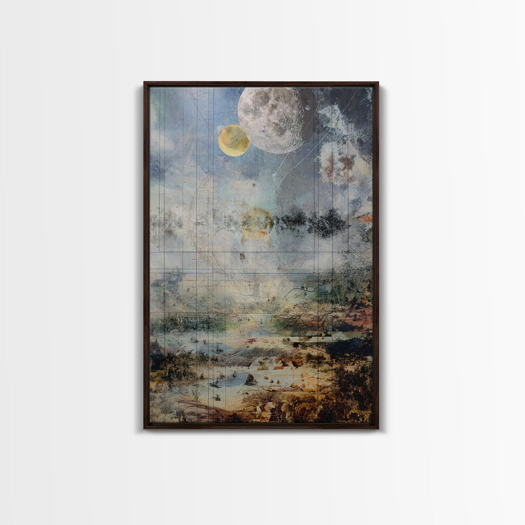 Surreal Lunar Seascape With Pale Moons And Fine Line Geometry Wall Art, Dreamy Abstract Landscape, Modern Blue Home Decor