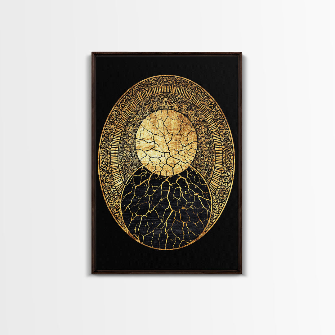 Gold Kintsugi Sun Moon Oval On Black Canvas Print, Spiritual Geometric Art, Luxury Abstract Decor, Mystical Celestial Gift