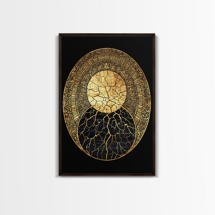 Gold Kintsugi Sun Moon Oval On Black Canvas Print, Spiritual Geometric Art, Luxury Abstract Decor, Mystical Celestial Gift