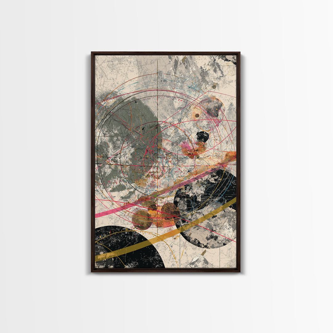 Orbit Circles With Red Lines And Gray Texture Framed Canvas Print, Abstract Geometric Wall Decor, Modern Office Art Gift