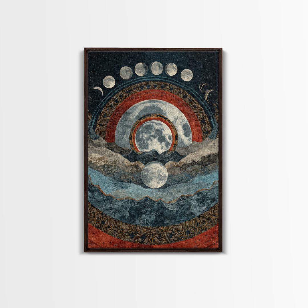 Moon Phase Mountain Mandala With Red Arcs Canvas Print, Spiritual Landscape Wall Decor, Mystical Meditation Home Art Gift