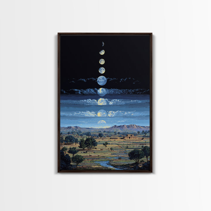 Blue Moon Phases Over African Savanna Landscape Wall Art, Spiritual Safari Decor, Mystical Nature Scene For Living Room Gift