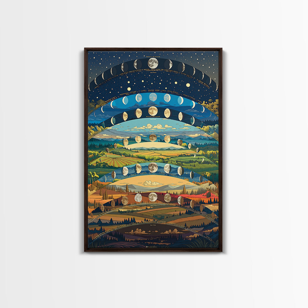 Layered Moon Phase Landscape With Rolling Fields Canvas Print, Dreamy Nature Wall Decor, Modern Boho Art For Living Room