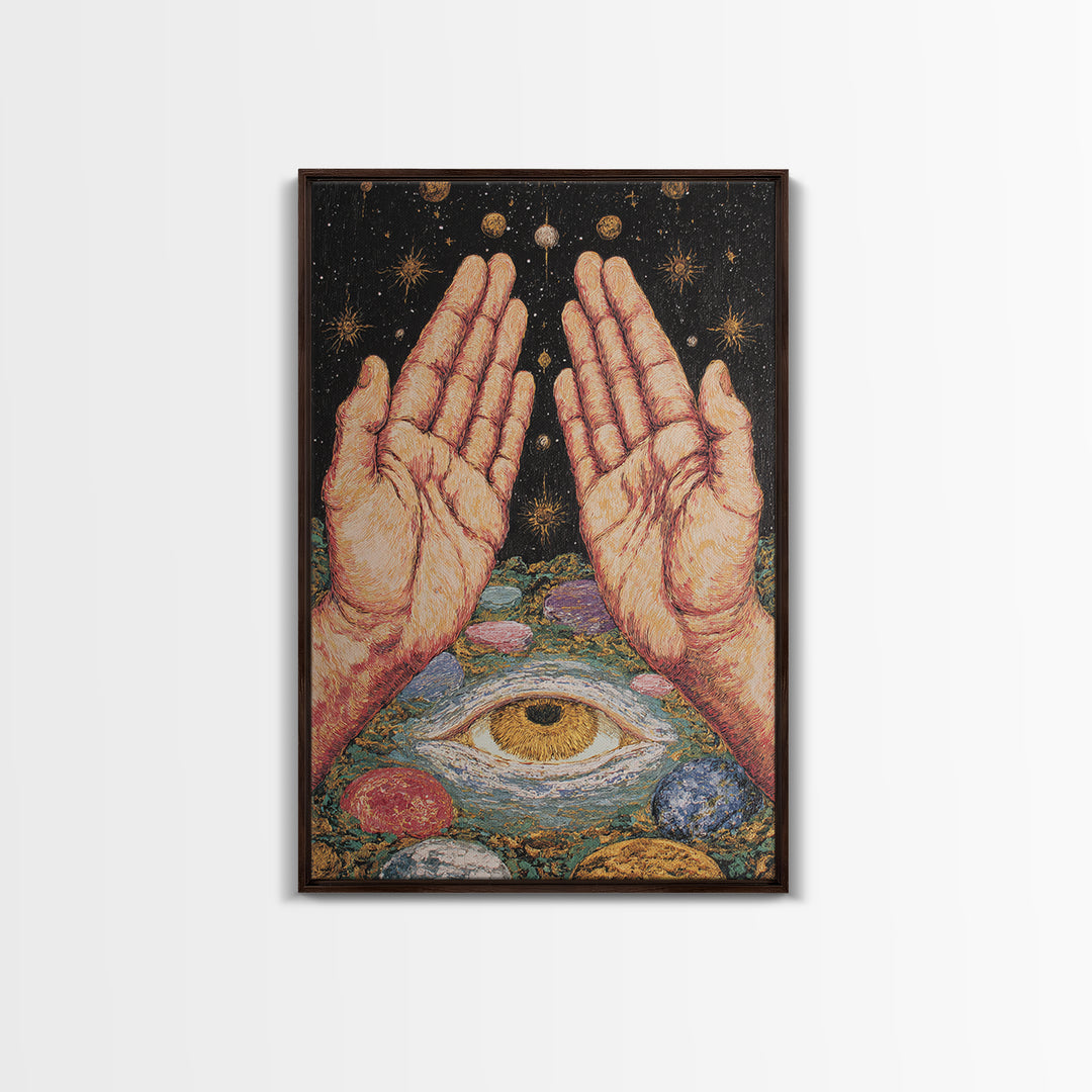 Mystic Open Hands Above All Seeing Eye And Planets Wall Art, Spiritual Meditation Decor, Surreal Occult Unique Home Art Gift