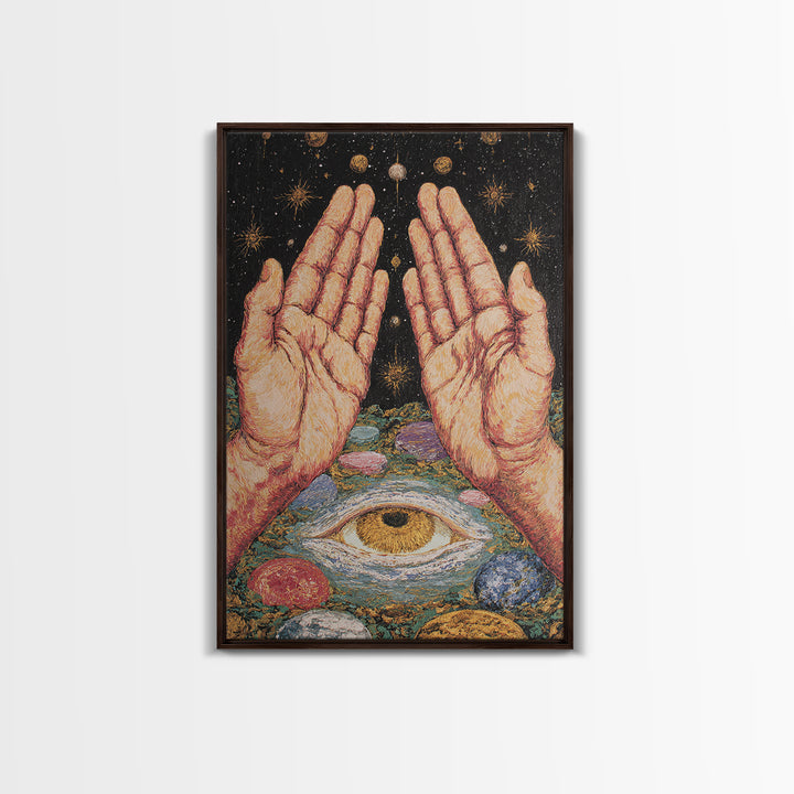 Mystic Open Hands Above All Seeing Eye And Planets Wall Art, Spiritual Meditation Decor, Surreal Occult Unique Home Art Gift