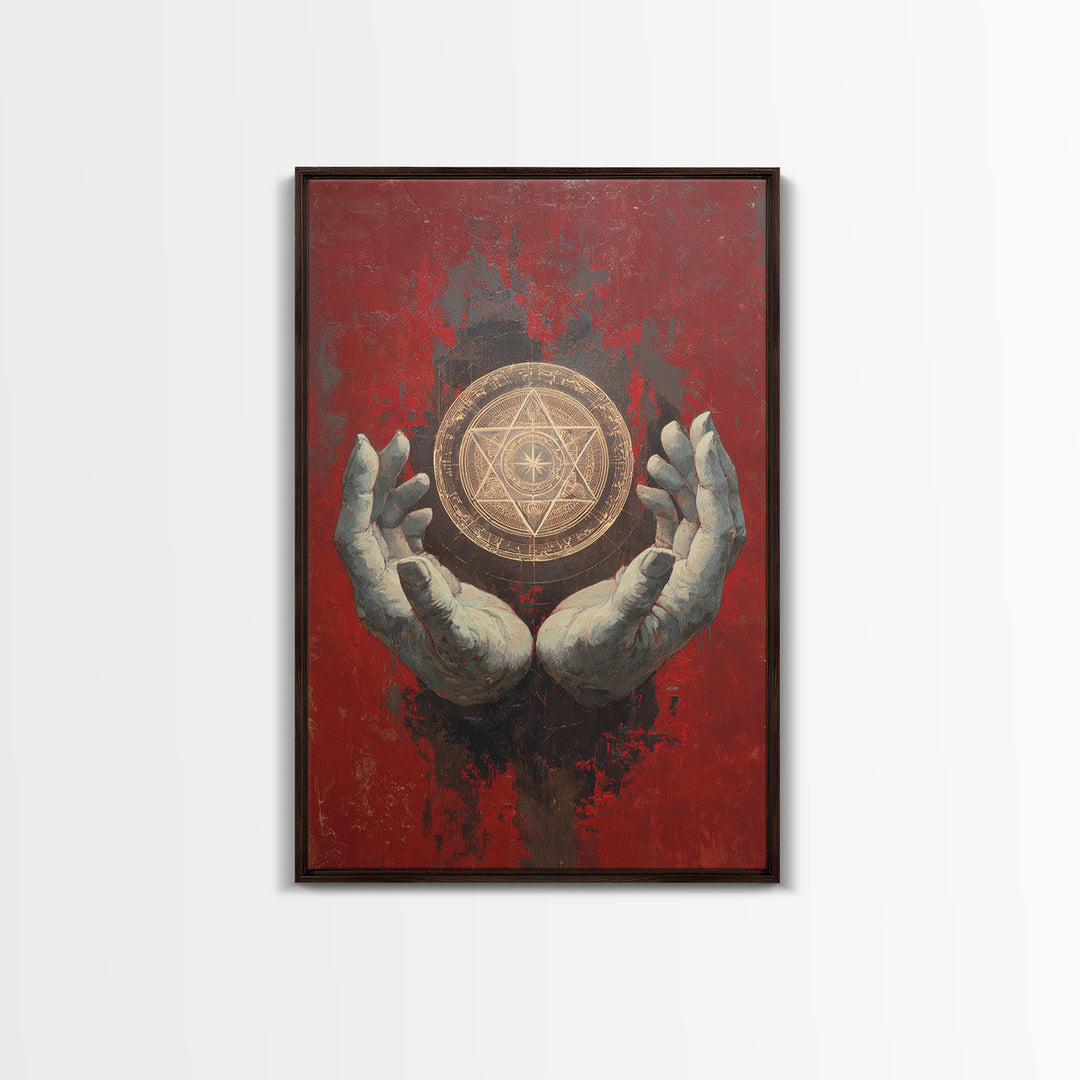 Golden Sacred Geometry In Weathered Hands Wall Art, Mystical Abstract Canvas, Spiritual Home Decor, Red And Gold Artwork