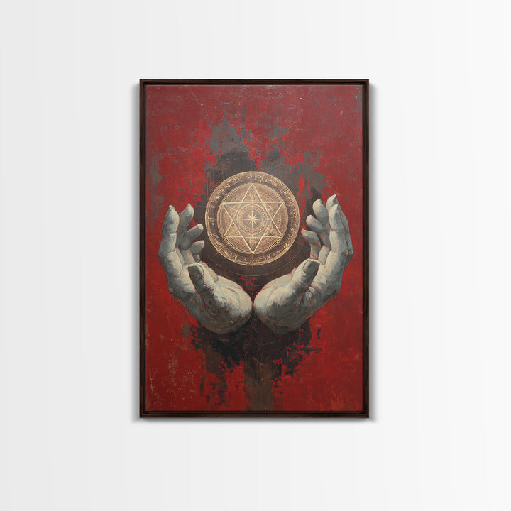 Golden Sacred Geometry In Weathered Hands Wall Art, Mystical Abstract Canvas, Spiritual Home Decor, Red And Gold Artwork
