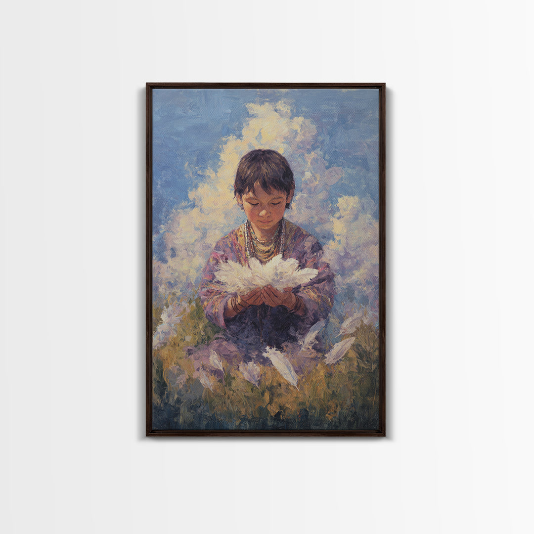 Quiet Child Holding White Feathers Framed Canvas Print, Dreamy Portrait Wall Art, Spiritual Home Decor, Gift For Kids, Soft Blue Painting
