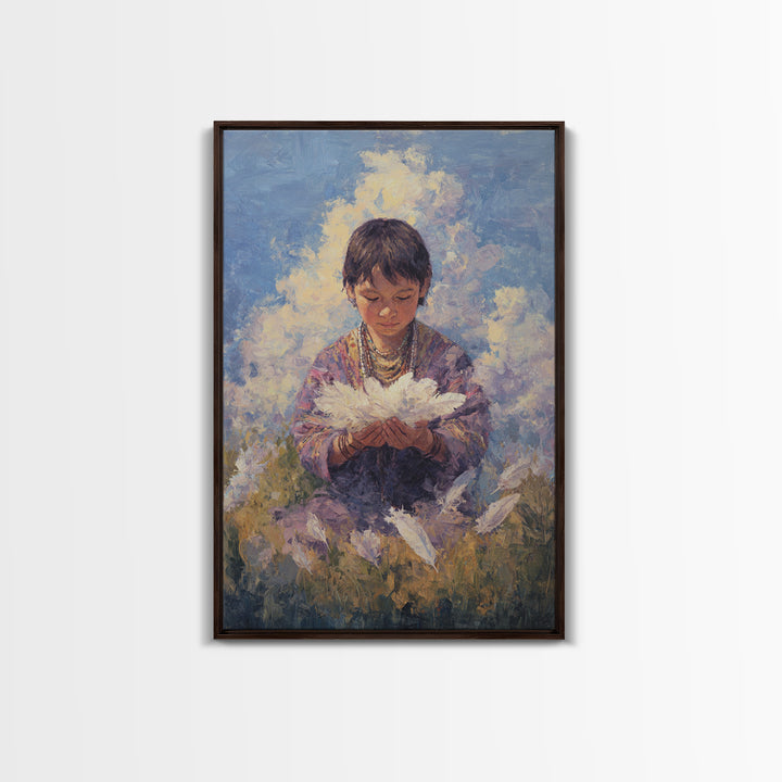 Quiet Child Holding White Feathers Framed Canvas Print, Dreamy Portrait Wall Art, Spiritual Home Decor, Gift For Kids, Soft Blue Painting