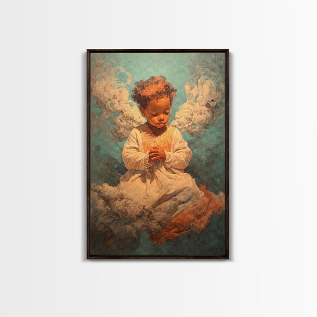 Praying Black Child In Clouds Canvas Print, Angelic Spiritual Wall Art, Dreamy Portrait Decor, Black Beauty Gift For Her