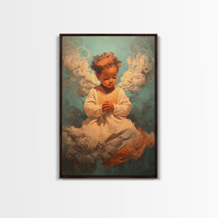 Praying Black Child In Clouds Canvas Print, Angelic Spiritual Wall Art, Dreamy Portrait Decor, Black Beauty Gift For Her