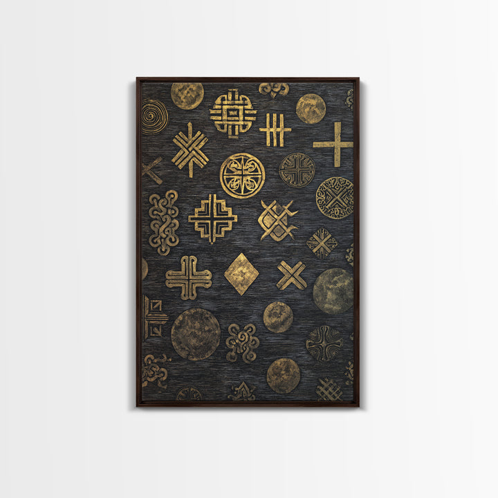 Gold Adinkra Symbols On Black Canvas Print, African Patterns Wall Decor, Tribal Art Print, Cultural Home Decor For Living Room