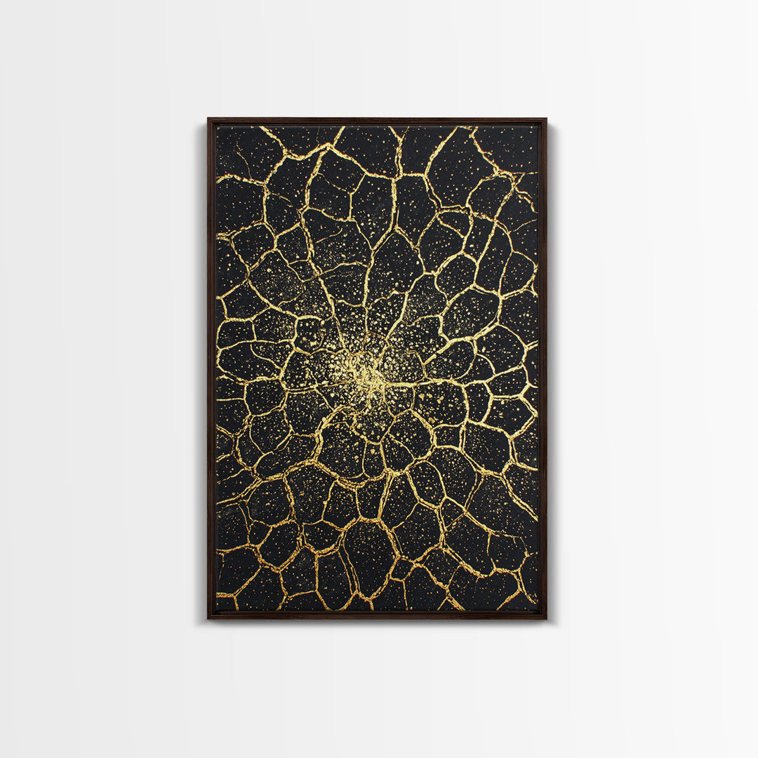 Black And Gold Cracked Floral Mandala Wall Art, Abstract Geometric Canvas, Luxury Home Decor, Statement Piece Gift For Living Room