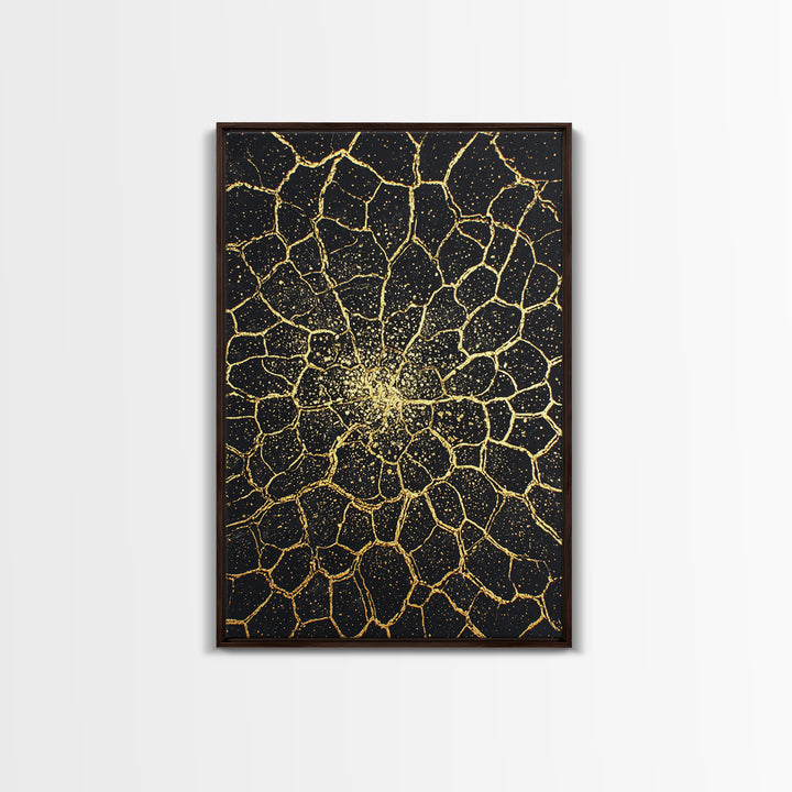 Black And Gold Cracked Floral Mandala Wall Art, Abstract Geometric Canvas, Luxury Home Decor, Statement Piece Gift For Living Room