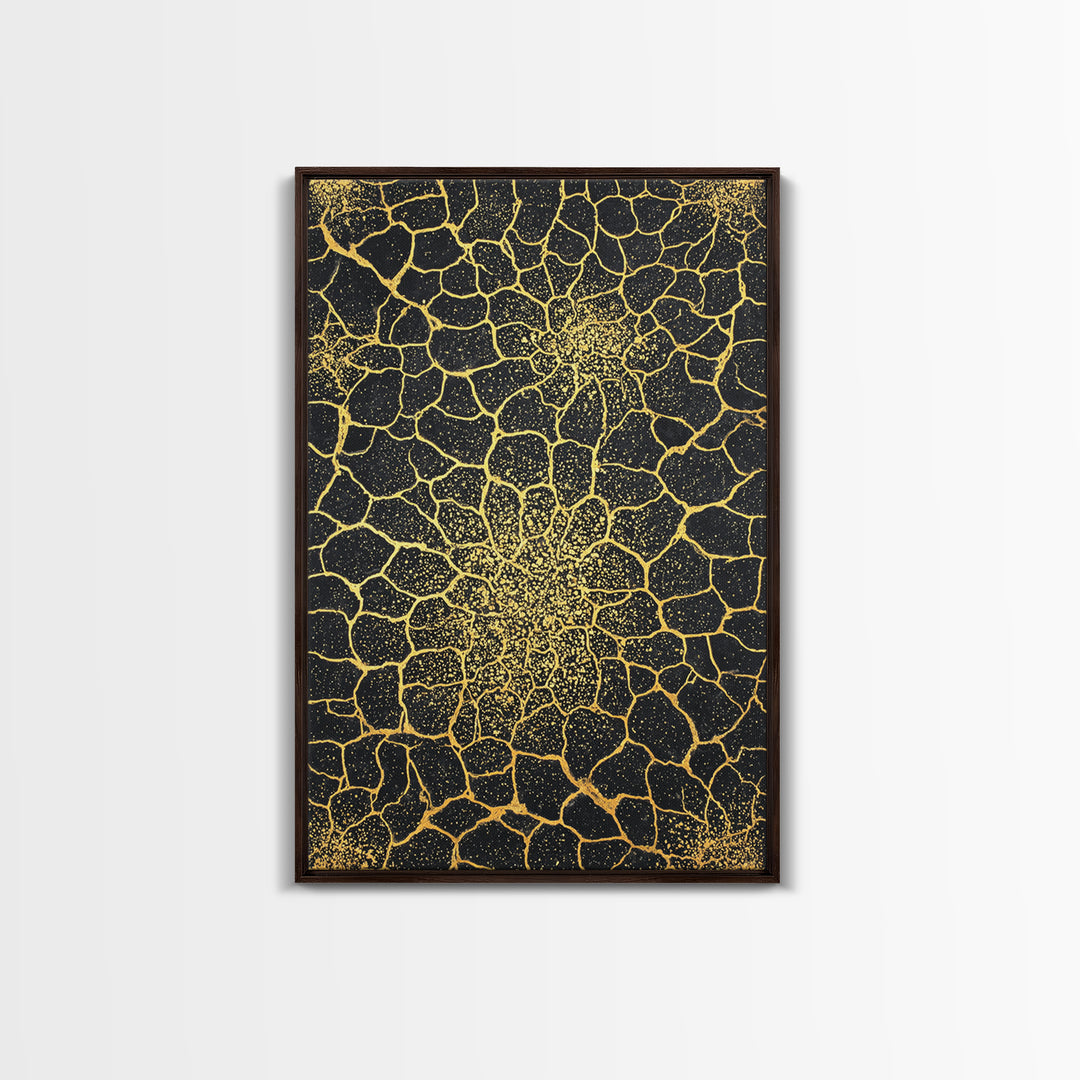 Gold Botanical Crackle Pattern Canvas Print, Black Abstract Wall Art, Geometric Floral Decor, Luxury Statement Piece For Modern Home