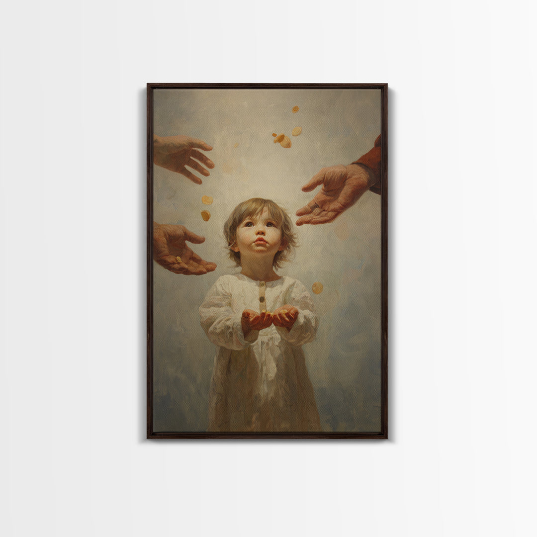 Wide Eyed Child Receiving Coins Framed Canvas Print, Classic Portrait Wall Art, Meaningful Gift, Soft Neutral Home Decor