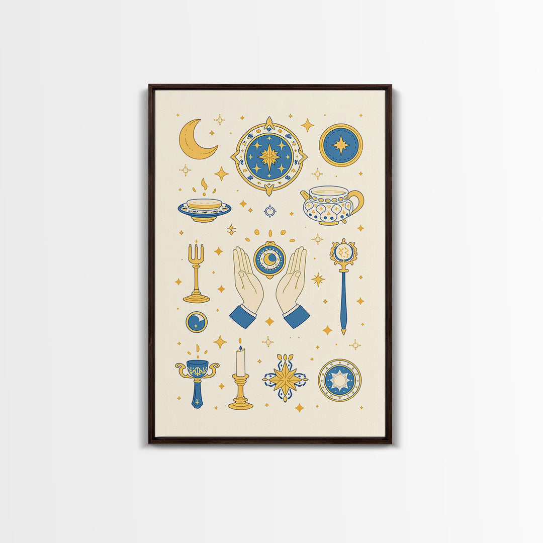 Blue Gold Celestial Symbols With Moon Hands And Stars Wall Art, Mystical Spiritual Boho Decor, Elegant Gallery Canvas Print