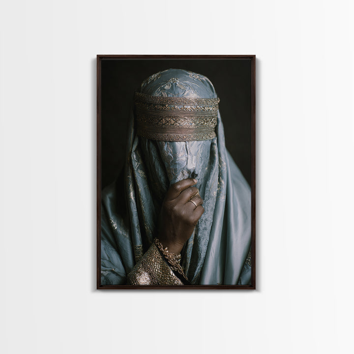Blue Gold Veiled African Woman Portrait Framed Canvas Print, Luxury Afrocentric Wall Decor, Cultural Photography Fine Art