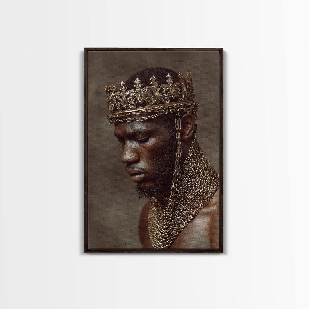 Profile Of Black King In Gold Crown And Chains Wall Art, African American Royal Portrait, Luxury Black Culture Decor Gift