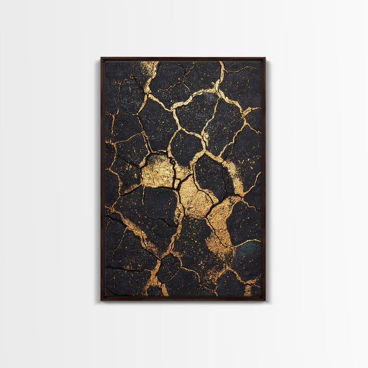 Black And Gold Cracked Earth Abstract Wall Art, Kintsugi Texture Modern Canvas Print, Luxury Earth Tone Statement Home Decor