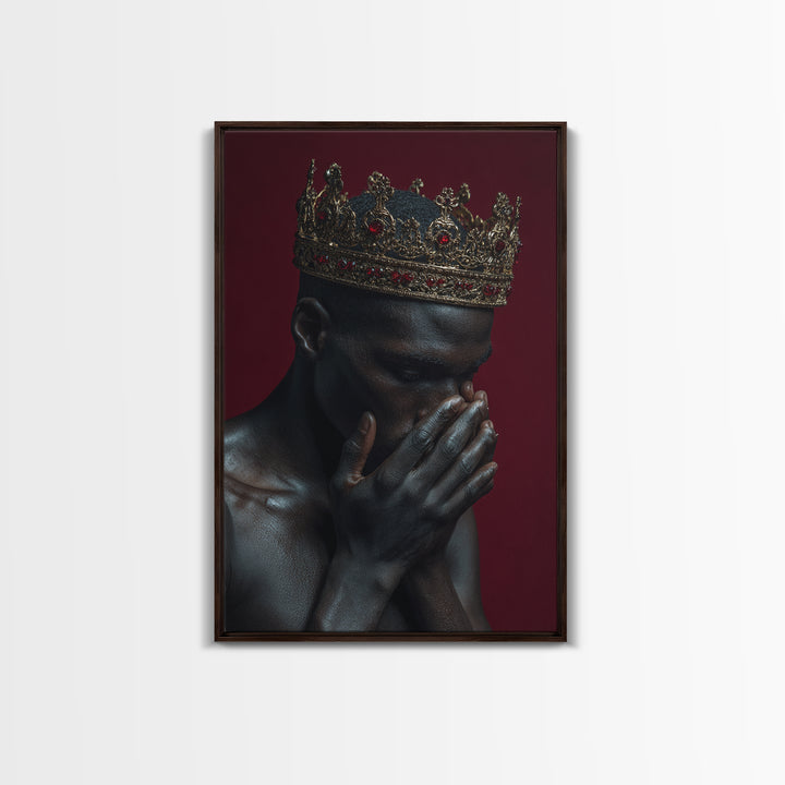 Praying Black King With Ruby Gold Crown Wall Art, African American Royal Portrait, Spiritual Black Culture Home Decor Gift