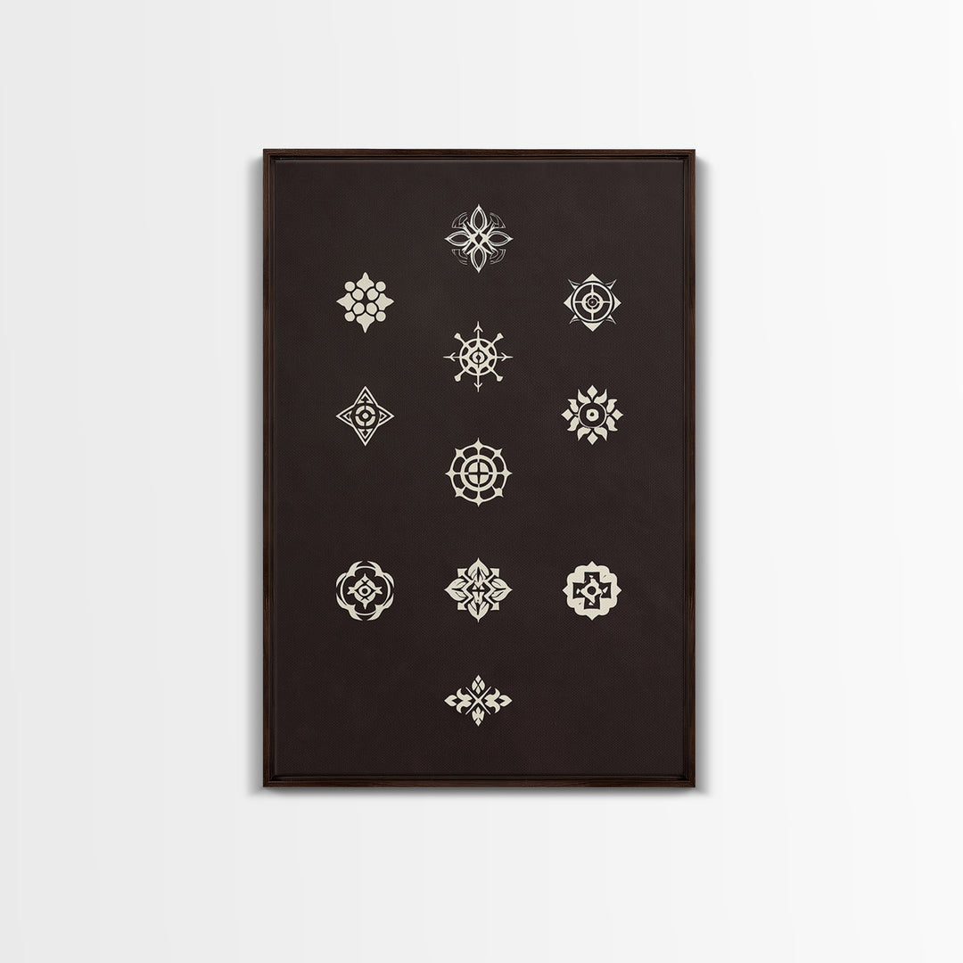 Cream Sacred Geometric Symbols On Dark Brown Wall Art, Minimalist Spiritual Pattern Canvas Print, Boho Meditation Home Decor