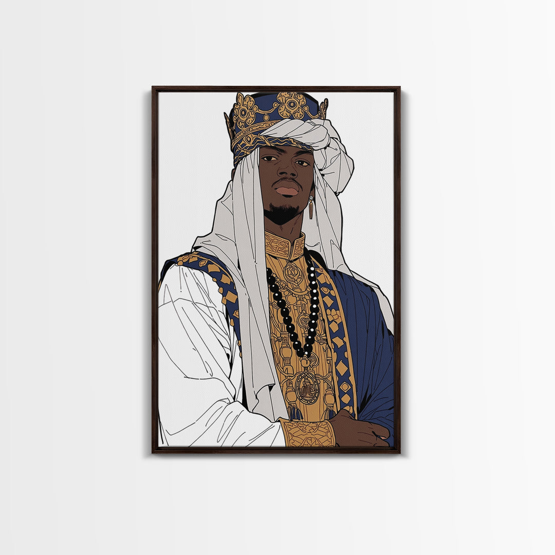 Regal African Prince In Crown White Turban And Blue Robe Framed Canvas Print, Afrocentric Black Royal Portrait Wall Art Decor