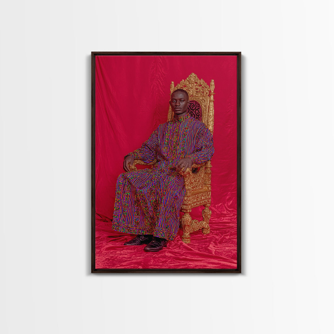 Regal African Man On Gold Throne Wall Art, Royal Black Portrait, Afrocentric Decor, African Fabric, Statement Canvas, Living Room Decor