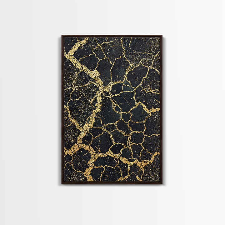 Black And Gold Cracked Earth Abstract Wall Art, Luxury Canvas Print, Kintsugi Texture, Modern Home Decor, Statement Piece