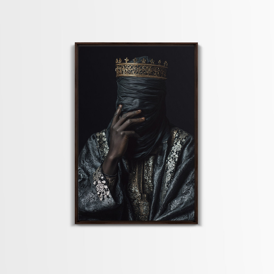 Mystic Crowned African Portrait Wall Art, Black Veiled Figure, Gold Jewelry Canvas, Afrocentric Decor, Luxury Canvas Print
