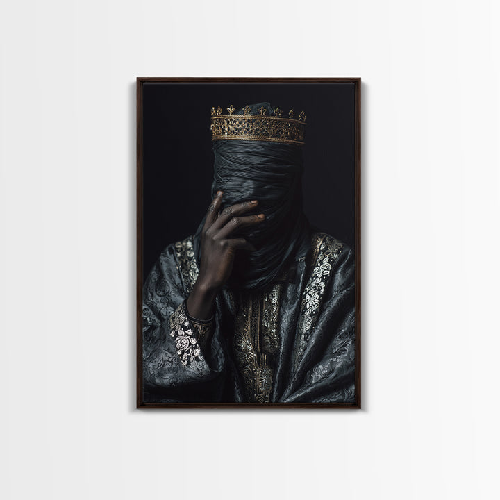 Mystic Crowned African Portrait Wall Art, Black Veiled Figure, Gold Jewelry Canvas, Afrocentric Decor, Luxury Canvas Print