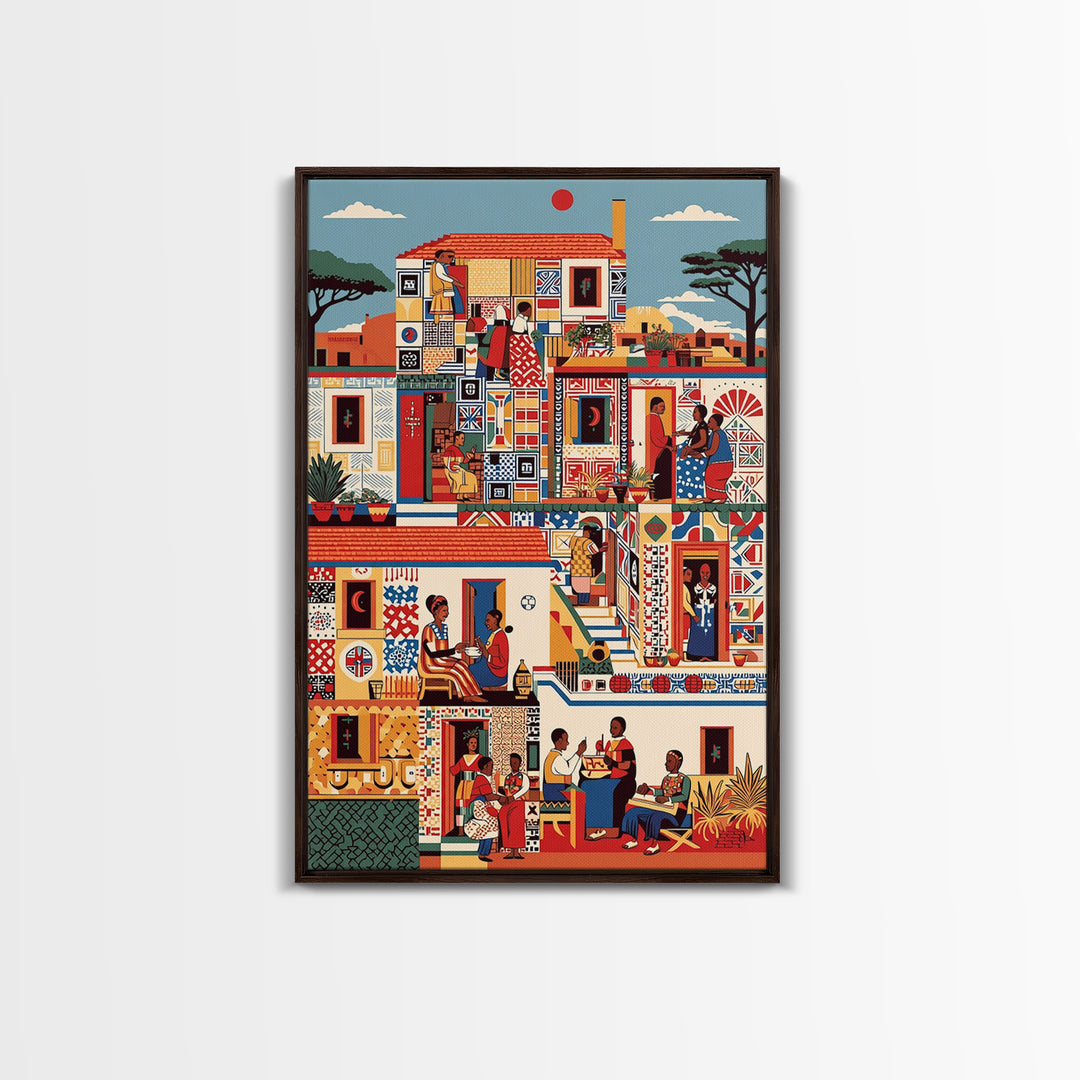 Vibrant African Neighborhood Scene Wall Art, Community Life Canvas Print, Patterned House, Afrocentric Cultural Decor, Gift