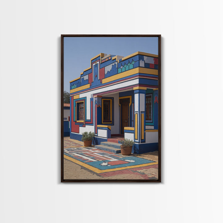 Bright Ndebele Painted Courtyard Framed Canvas Print, African Architecture Wall Art, Geometric Tribal Home Decor Statement Piece