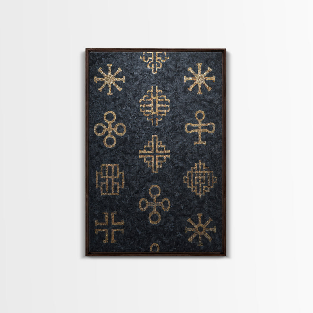Gold African Adinkra Symbols Wall Art, Black Textured Pattern Print, Tribal Cultural Decor, Afrocentric Home Gift For Office