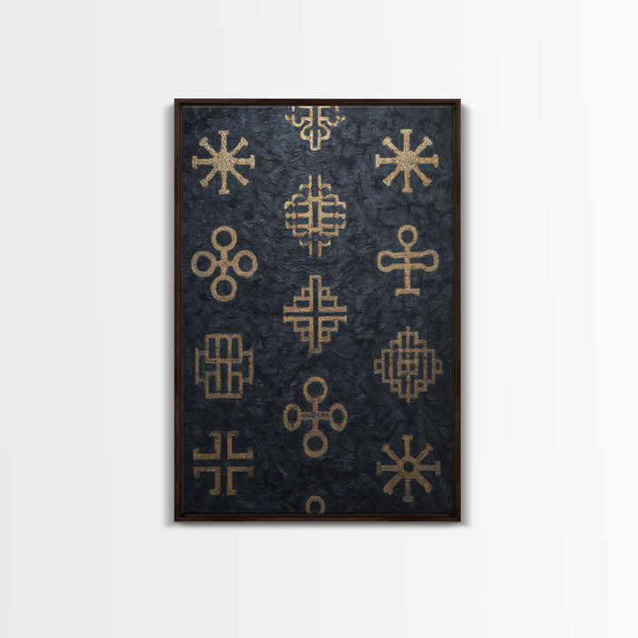 Gold African Adinkra Symbols Wall Art, Black Textured Pattern Print, Tribal Cultural Decor, Afrocentric Home Gift For Office