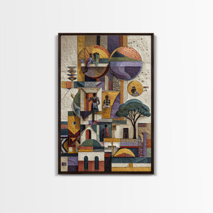 Abstract African Village Collage Canvas Print, Geometric Architecture Wall Art, Textured Cultural Home Decor Gift For Living Room