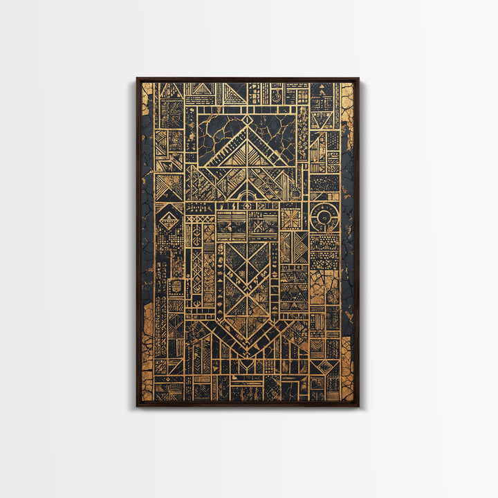 Gold Black Tribal Geometry Canvas Print, African Wall Art, Kuba Pattern Decor, Afrocentric Abstract Home Decor Statement Gift