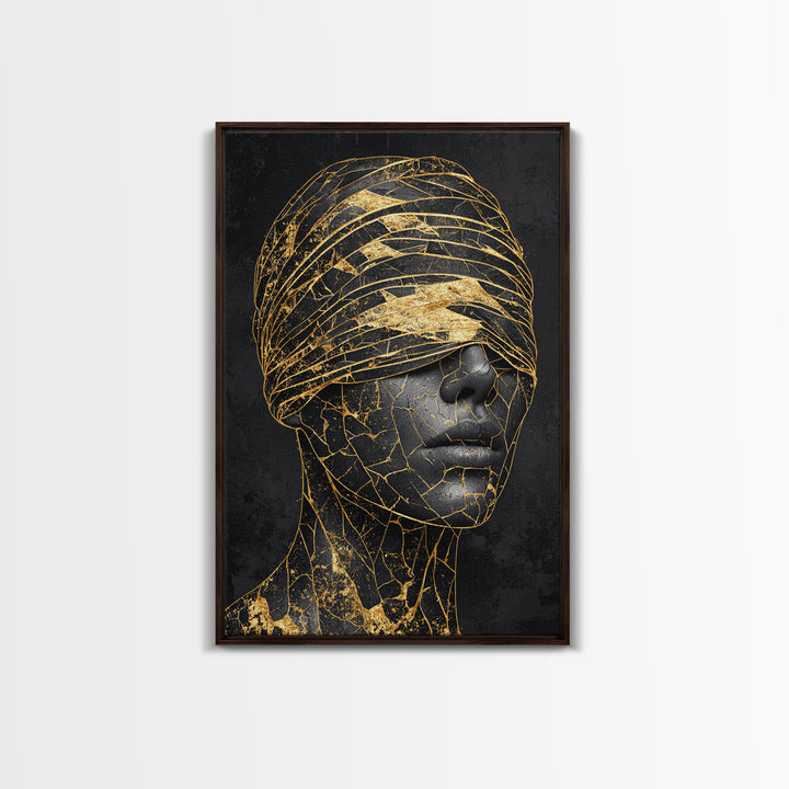 Blindfolded Gold Black Woman Canvas Print, African American Art, Feminine Afrocentric Portrait, Luxury Statement Home Decor