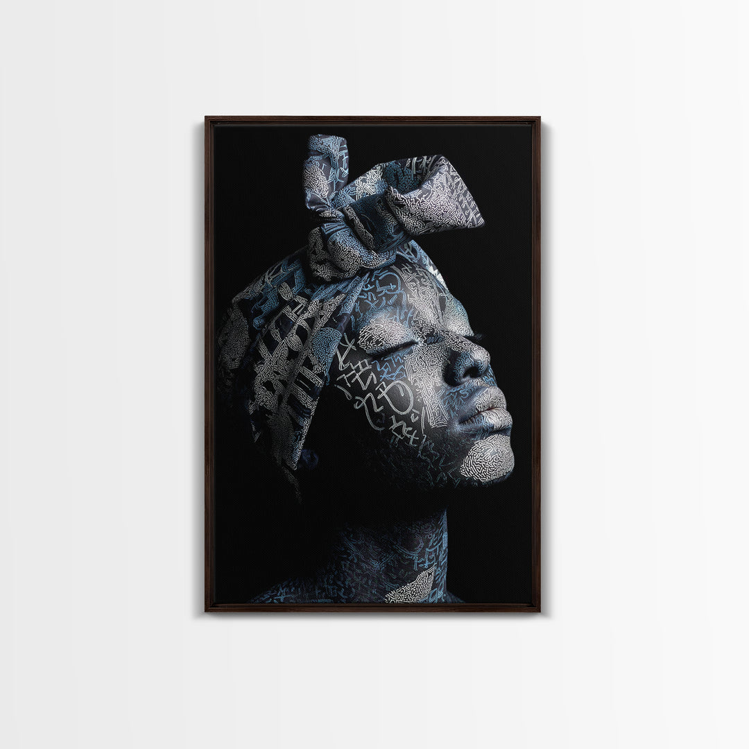 Blue Headwrap Black Woman Framed Canvas Print, African Portrait Art, Afrocentric Wall Decor, Modern Cultural Home Decor Gift