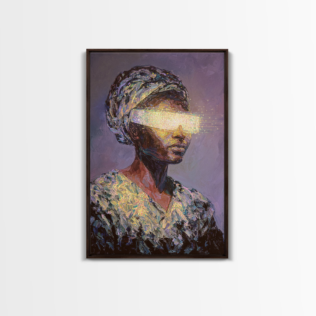 Visionary African Woman Canvas Print, Glowing Eye Light Portrait, Afrocentric Art, Spiritual Wall Decor, Female Power Gift