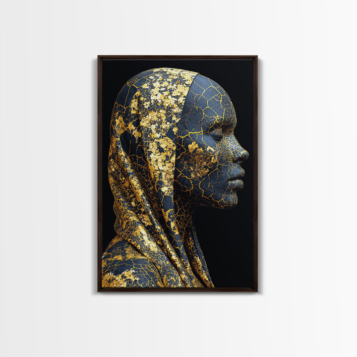 Gold Cracked African Woman Framed Canvas Print, Black Goddess Portrait, Luxury Afrocentric Wall Decor, Modern Statement Home Gift