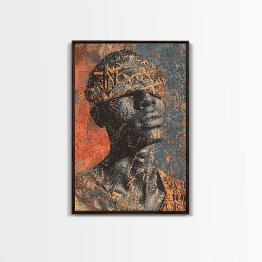 Blindfolded Black Woman Canvas Print, Abstract Typography Portrait, African American Art, Burnt Orange Afrocentric Decor