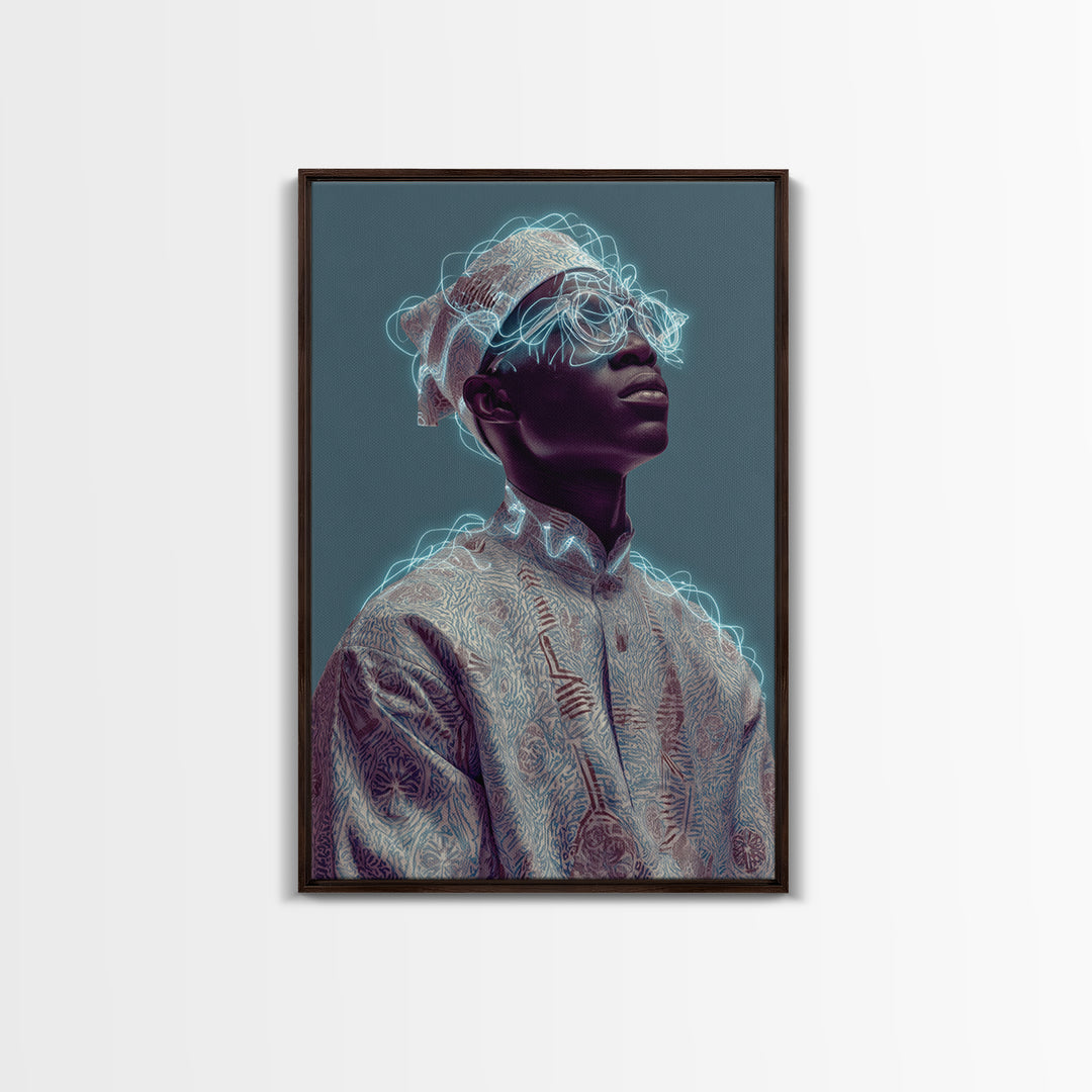 Afrofuturist Black Man Portrait With Neon Headwrap, Canvas Print, Modern African Art, Afrocentric Wall Decor, Black Culture Art