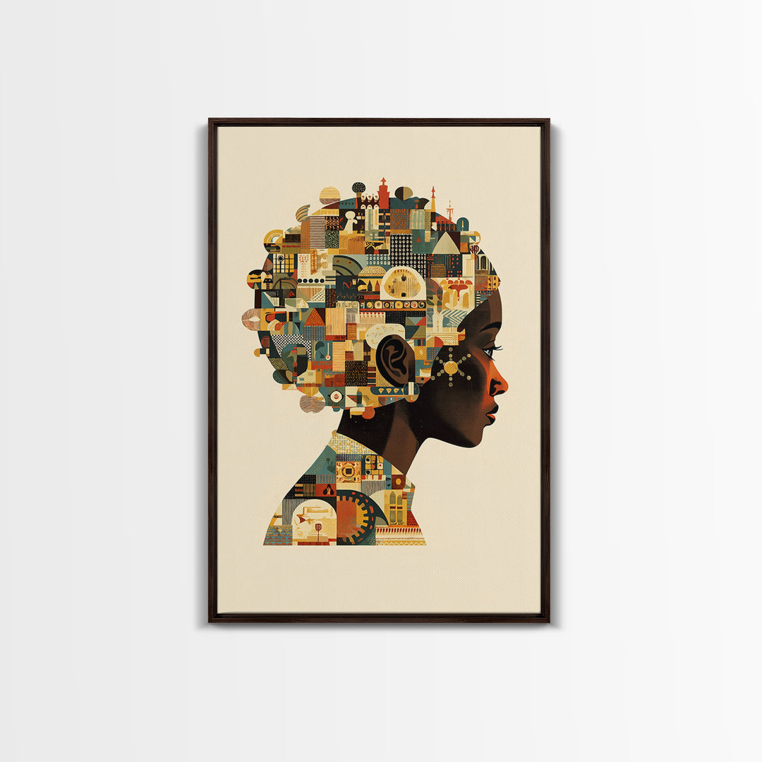 Profile Of African Woman With Architectural Afro, Wall Art, Geometric Portrait, Cultural Home Decor, Modern Afrocentric Art Print