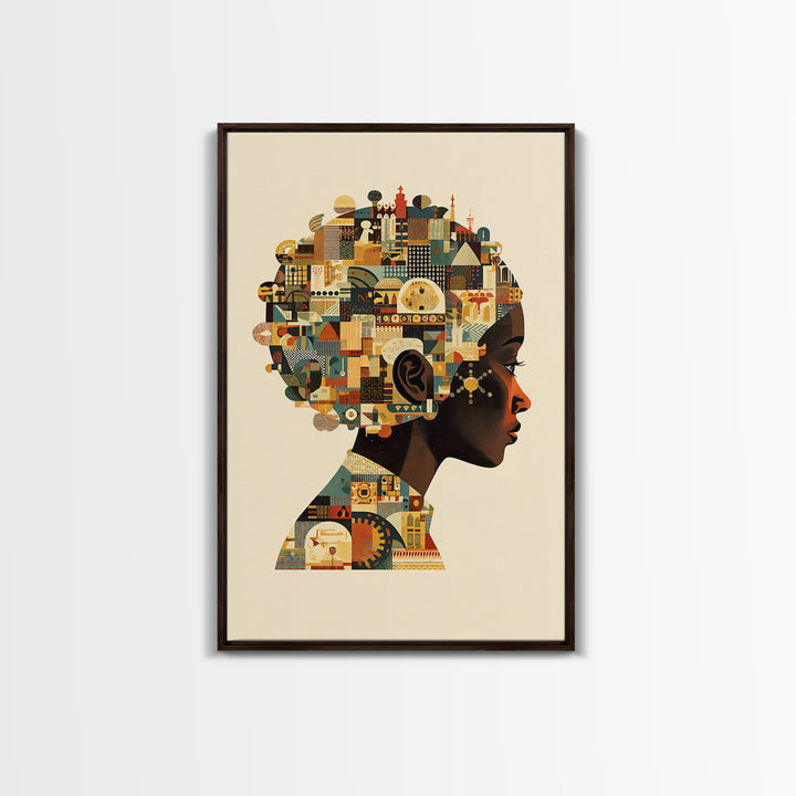 Profile Of African Woman With Architectural Afro, Wall Art, Geometric Portrait, Cultural Home Decor, Modern Afrocentric Art Print