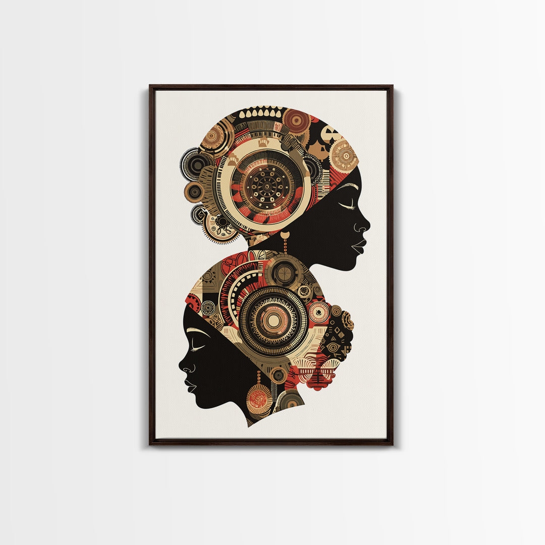 Two African Women Silhouettes With Tribal Circles, Canvas Print, Abstract African Art, Boho Wall Art, Cultural Decor Print