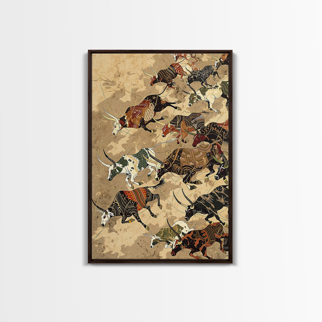 Running African Cattle With Tribal Patterns, Wall Art, Safari Animal Art Print, African Decor, Rustic Farmhouse Canvas Print