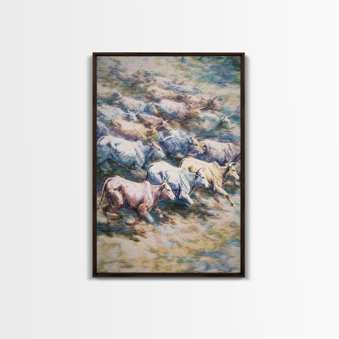 Colorful Running Cattle Herd Across Open Range, Wall Art, African Animal Art, Safari Decor, Textured Painting On Canvas Print